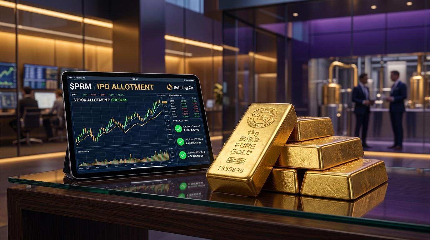 Pure gold bullion bars and digital tablet displaying Augmont Enterprises IPO allotment status verification
