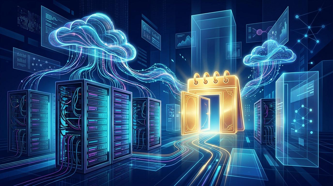 ESDS Software Solution IPO opening day banner showing Tier 3 data centre server racks, cloud computing nodes, and bidding calendar gate