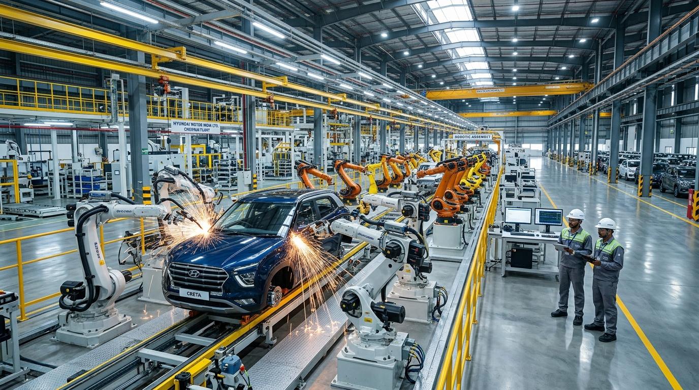 Hyundai Motor India Limited HMIL IPO listing on BSE and NSE with automotive manufacturing robotics and financial valuation metrics