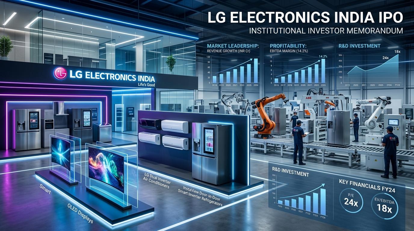 LG Electronics India IPO showroom, smart appliances, automated manufacturing robotics, and valuation metrics