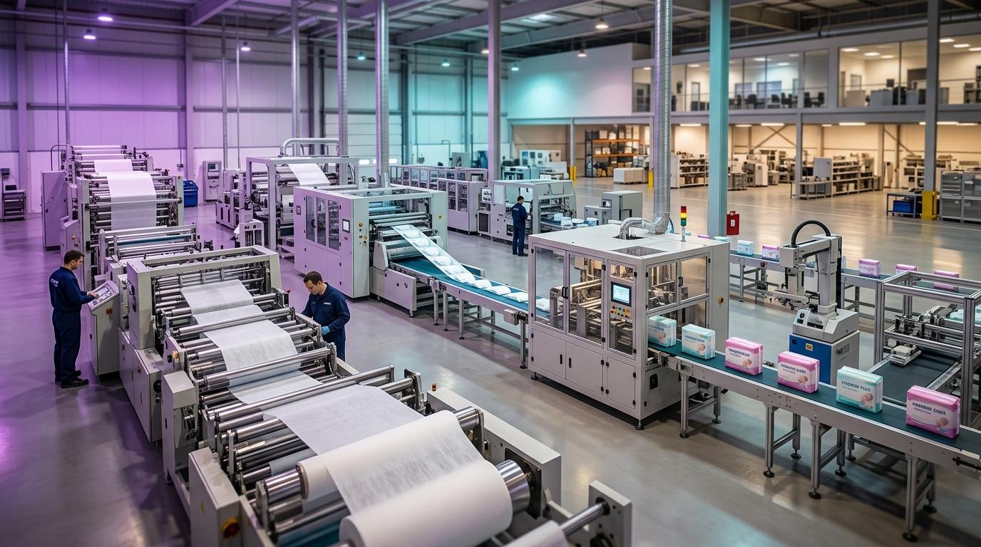 Automated high-speed personal hygiene converting machinery and diaper packaging line representing Nobel Hygiene Limited IPO DRHP filing