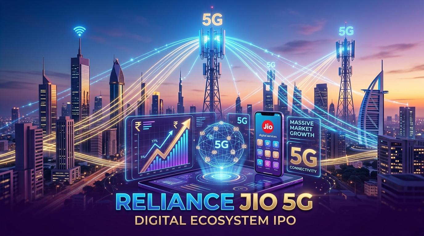 Reliance Jio Infocomm Jio Platforms IPO master guide with 5G telecom towers, digital platforms, and Mukesh Ambani RIL shareholder quota