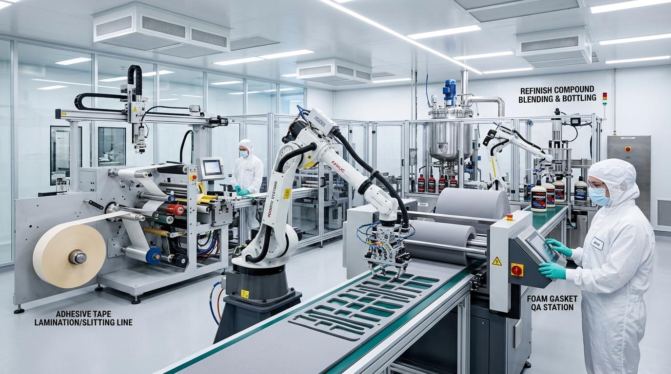 Automotive cleanroom converting facility producing industrial adhesive tapes and die-cut foam gaskets
