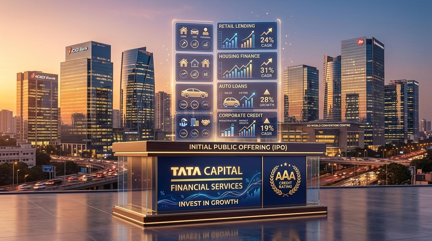 Tata Capital Limited IPO master guide with BKC financial district skyline, AAA credit rating badge, and retail lending growth charts