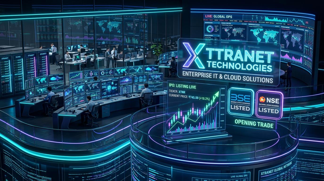 Xtranet Technologies Limited Mainboard IPO master guide with IT command center, cloud server racks, and BSE NSE listing screens