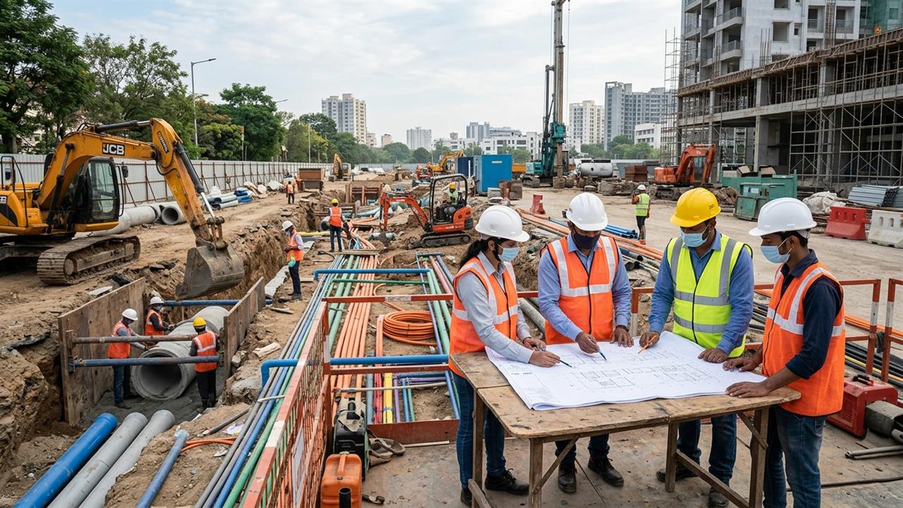 Engineering procurement construction infrastructure site with engineers reviewing blueprints representing Annu Projects IPO RHP filing