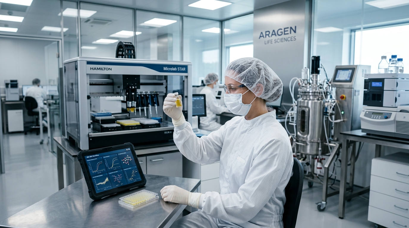 Aragen Life Sciences modern biopharmaceutical laboratory cleanroom with automated robotic pipetting stations and drug discovery analytics