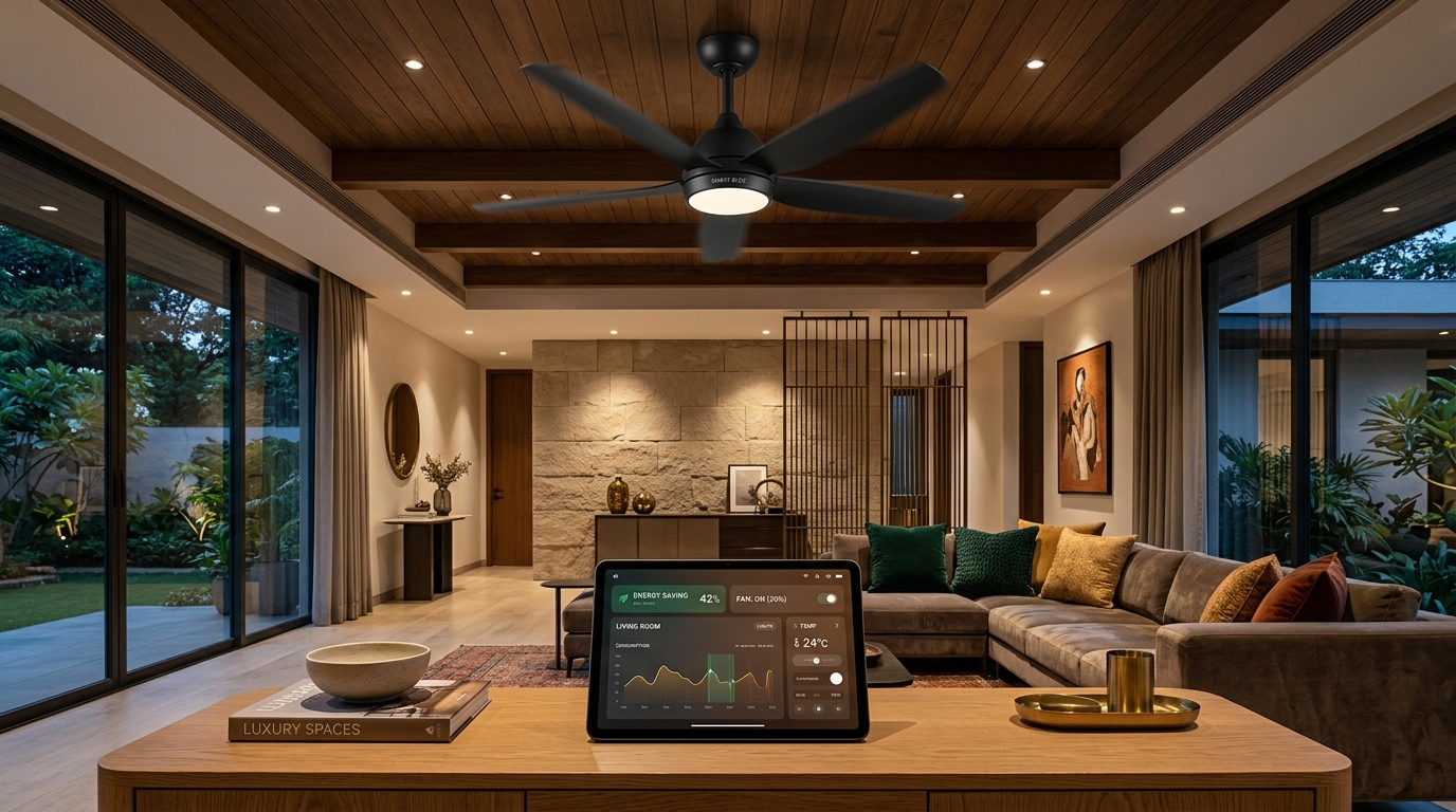 Atomberg smart BLDC ceiling fan installed in a contemporary Indian architectural living room with energy-saving smart home tablet