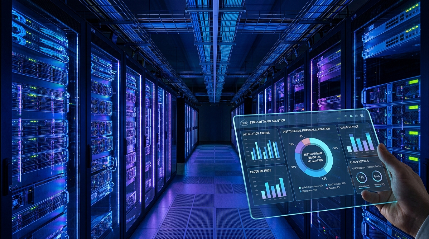 ESDS Software Solution Tier 3 enterprise data centre server corridor with institutional anchor allocation metrics