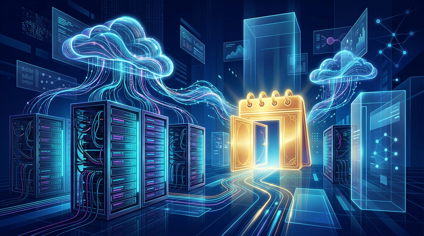 ESDS Software Solution IPO opening day banner showing Tier 3 data centre server racks, cloud computing nodes, and bidding calendar gate