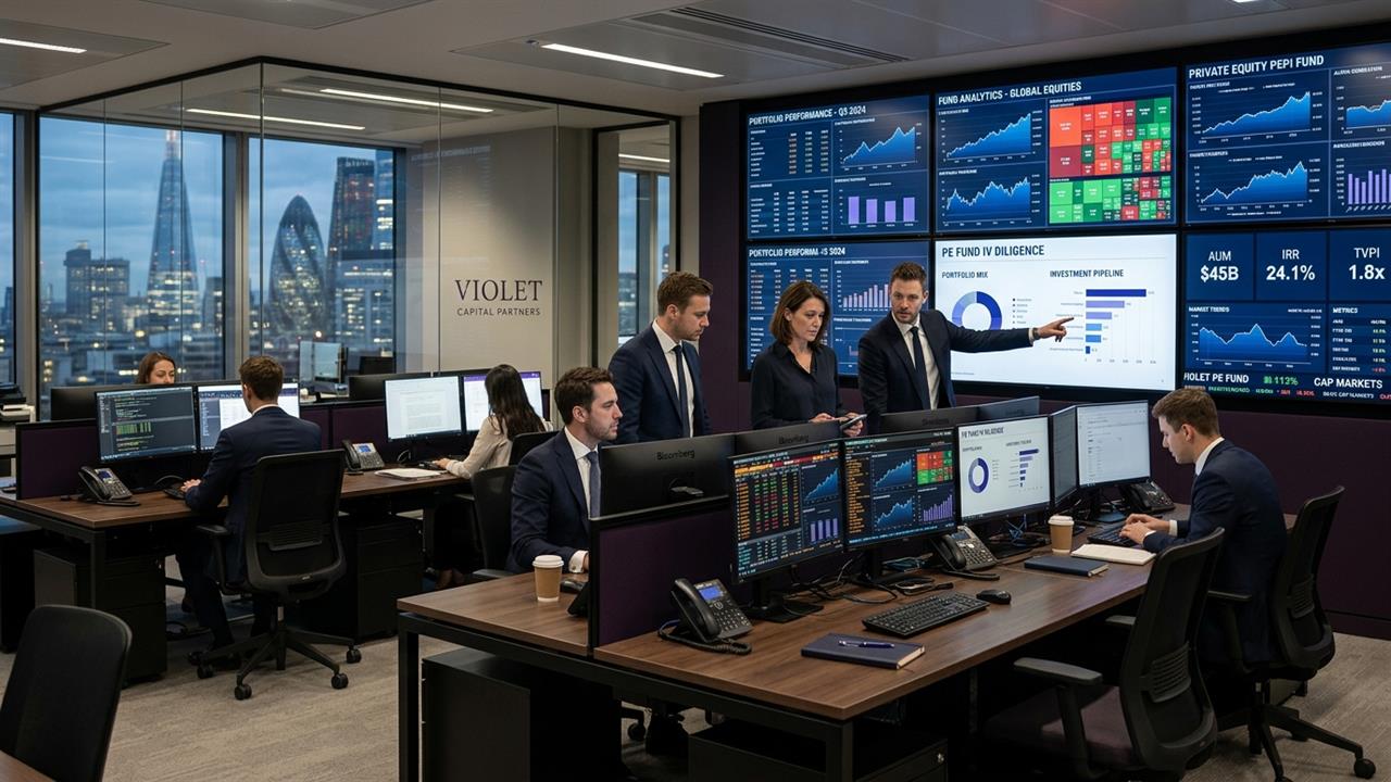 Institutional private equity boardroom with fund portfolio analytics charts representing Gaja Alternative Asset Management IPO closing day