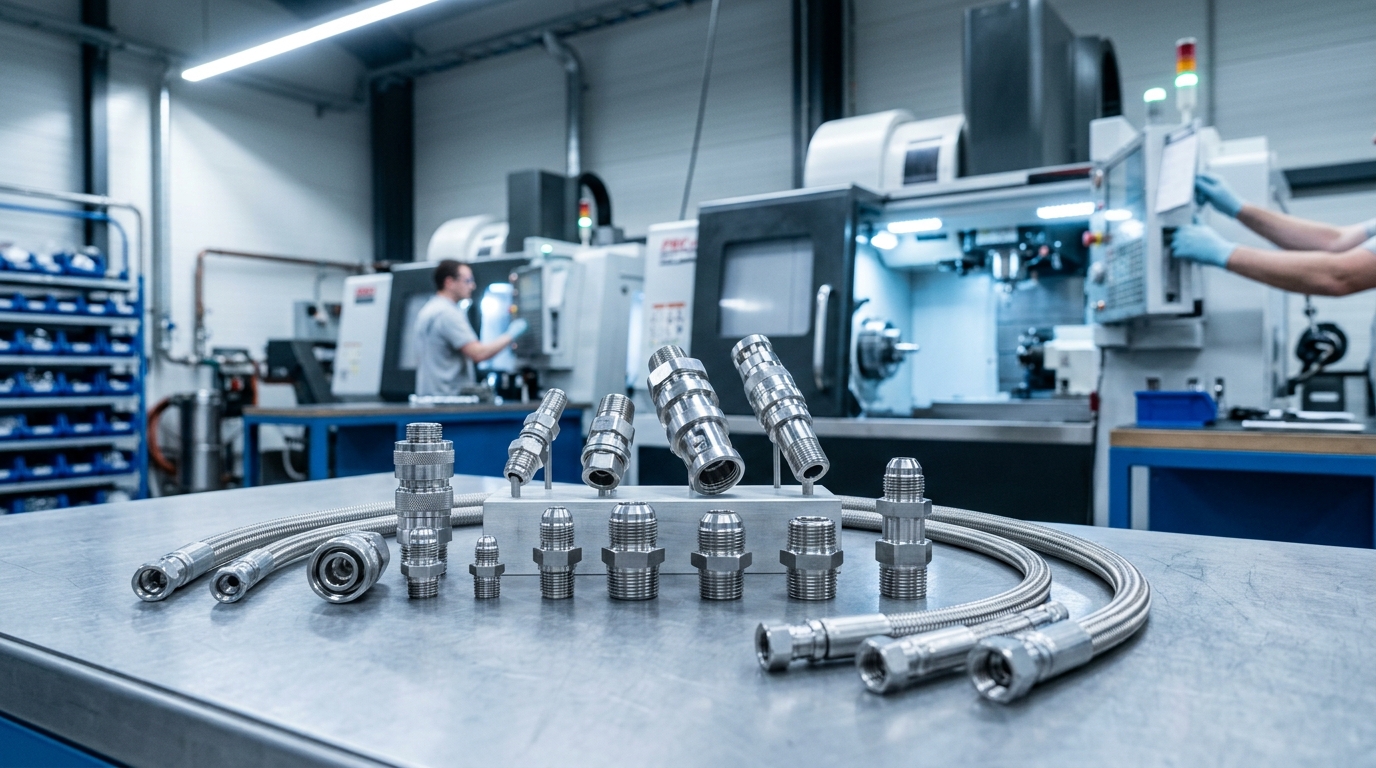 Precision CNC machined hydraulic fittings and high-pressure hose assemblies manufacturing plant