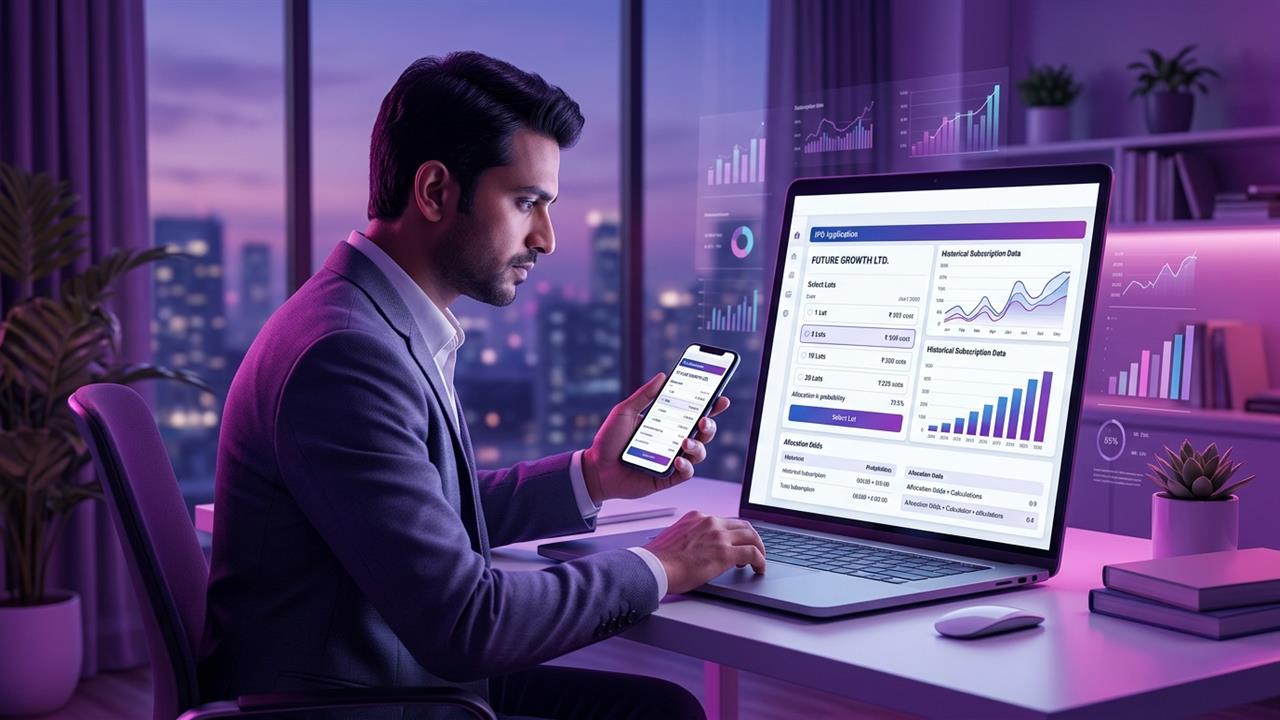 Indian retail investor reviewing IPO application screen analyzing single lot vs multiple lots allotment probability