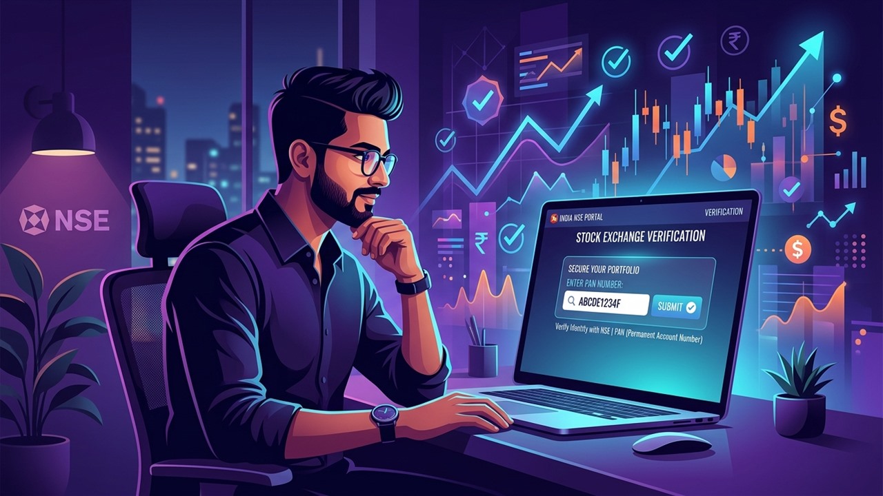 Investor checking IPO allotment status by PAN on NSE portal on laptop