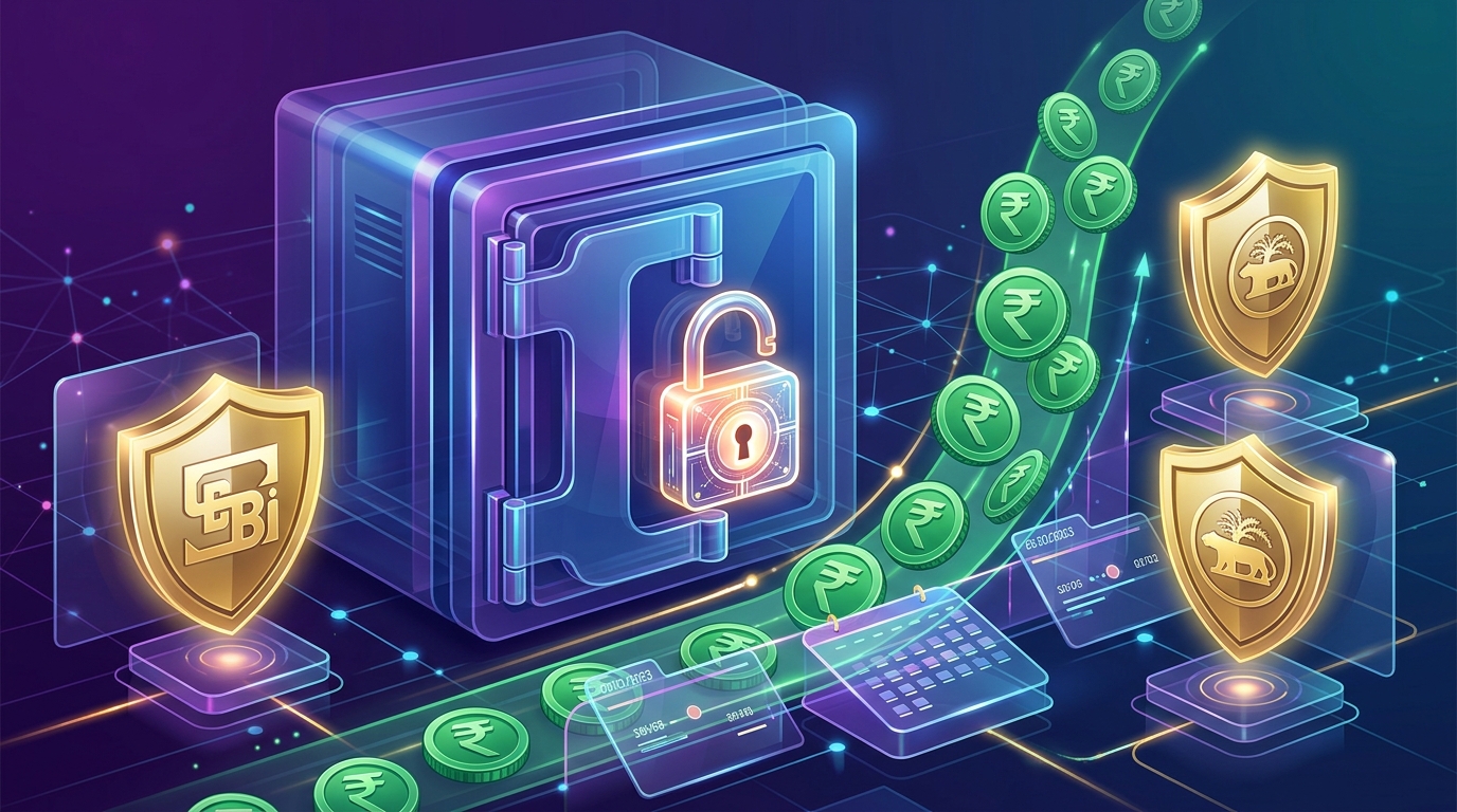 Institutional visualization of bank vault unblocking, rupee coins, and SEBI regulatory shields