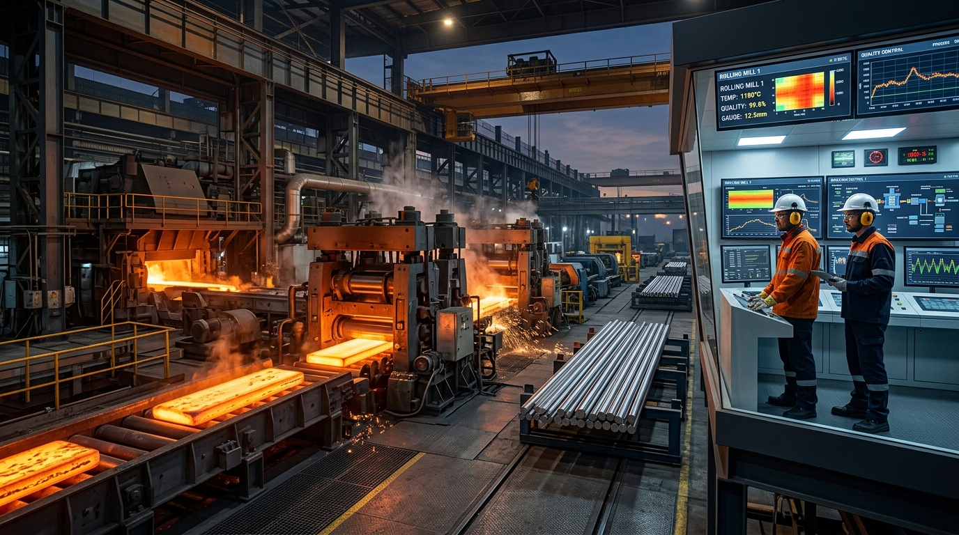 Automated heavy metallurgical rolling mill and control room monitoring hot stainless steel billets representing Jay Jagdamba Limited IPO UDRHP filing