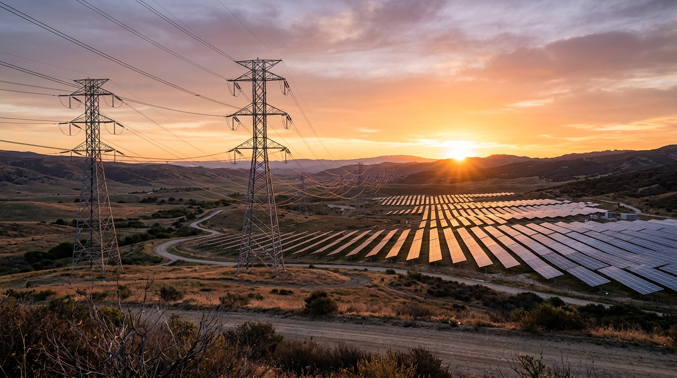 High-voltage electrical power transmission line towers and solar panel mounting structure arrays in an open rural landscape at sunrise