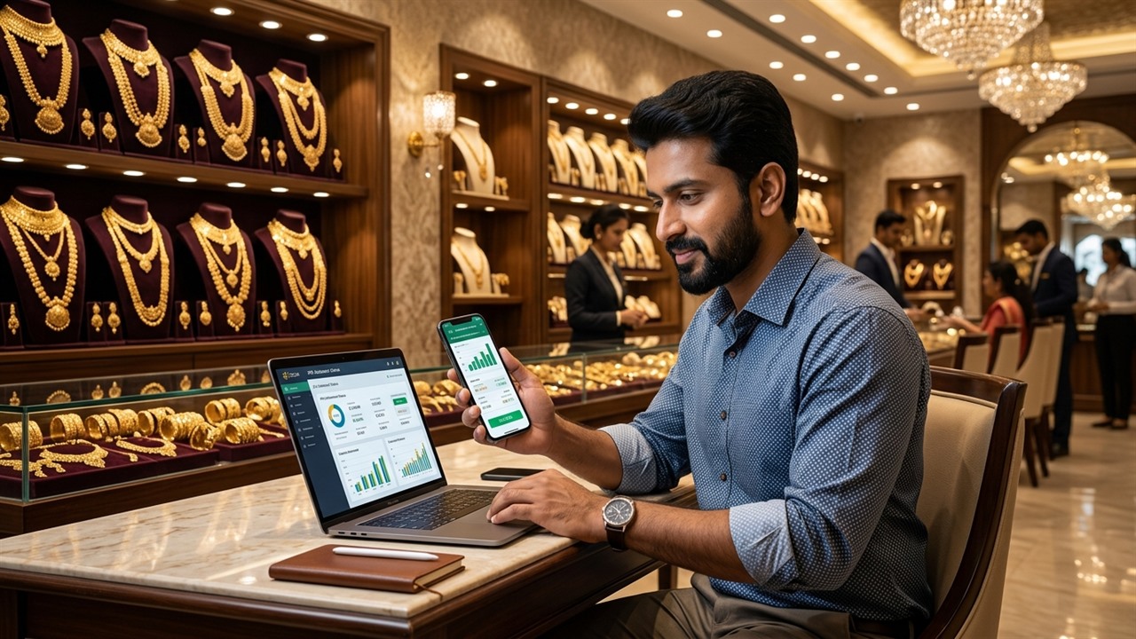 Investor checking Lalithaa Jewellery Mart IPO allotment status on smartphone in modern gold showroom