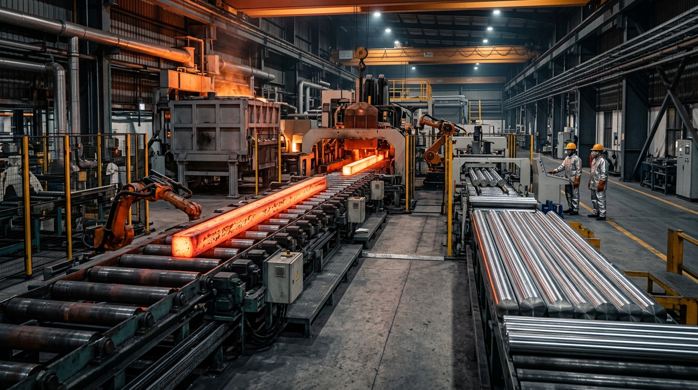 Industrial steel mill producing glowing red stainless steel billets and precision bars representing M P Steel India IPO DRHP filing
