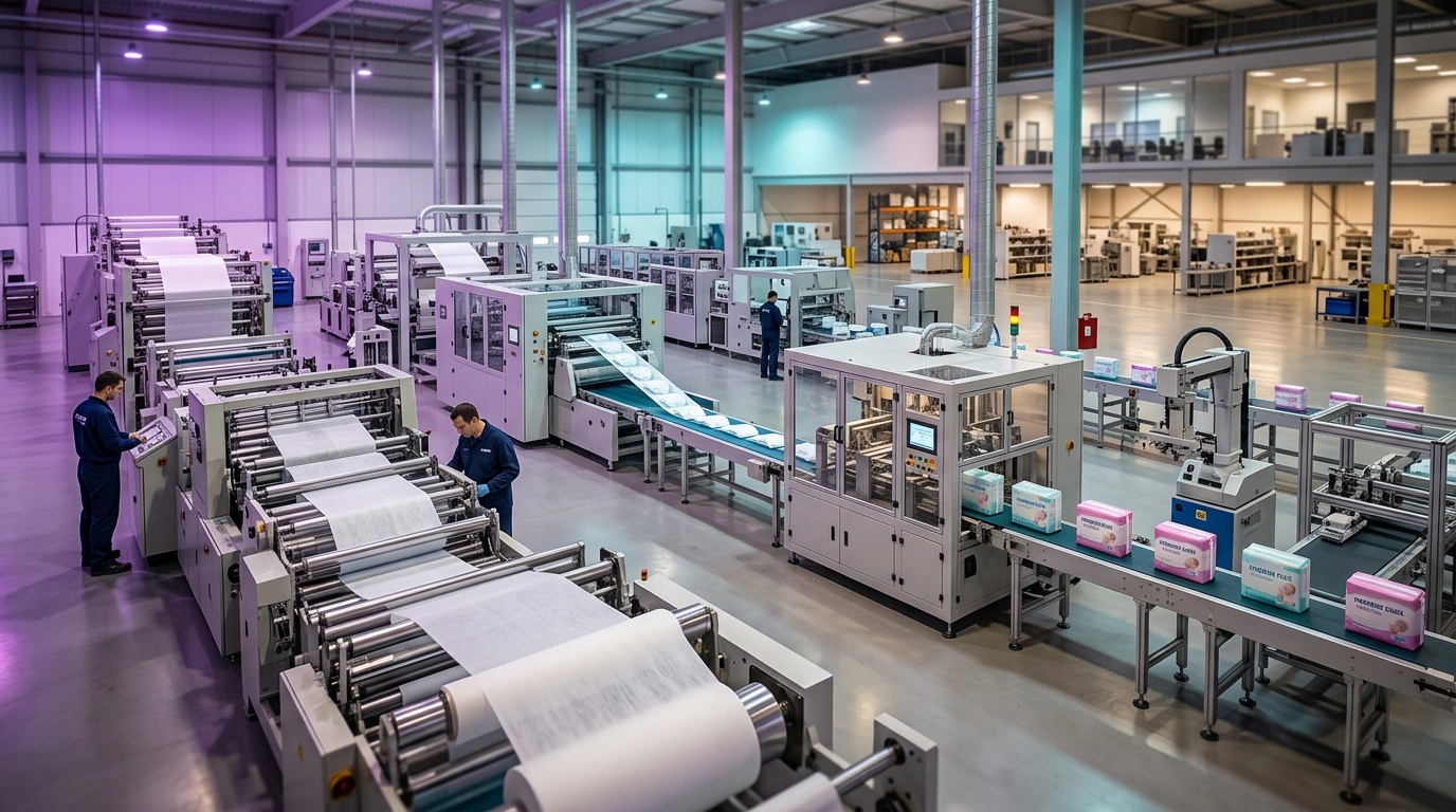Automated high-speed personal hygiene converting machinery and diaper packaging line representing Nobel Hygiene Limited IPO DRHP filing