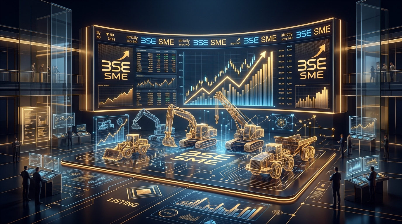 Paluck Technologies BSE SME IPO opening day illustration with heavy logistics machinery blueprints and stock exchange trading terminal
