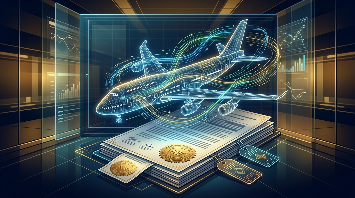 Skyways Air Services cargo aircraft blueprint with digital prospectus document stack and golden regulatory approval seals