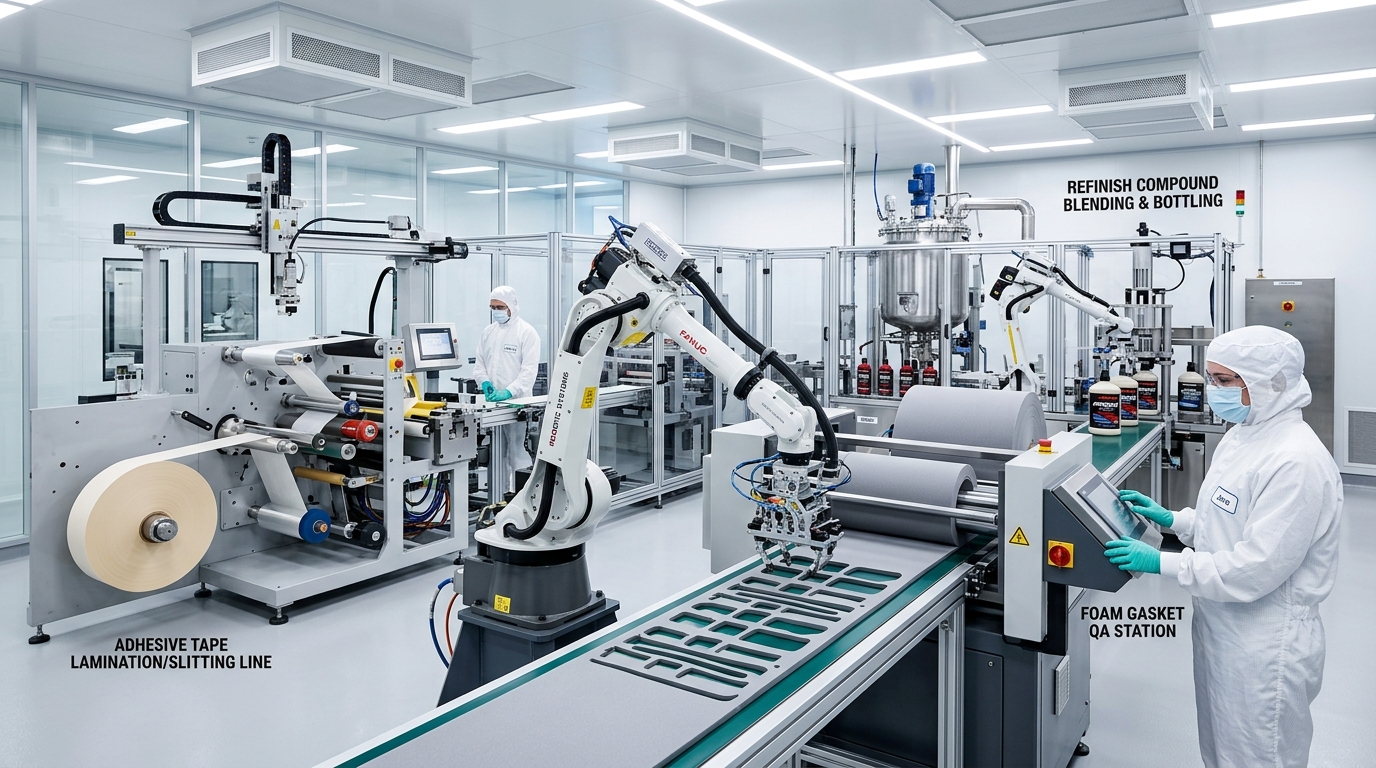 Automotive cleanroom converting facility producing industrial adhesive tapes and die-cut foam gaskets