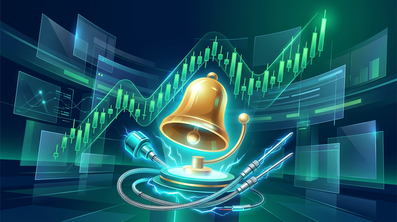Tempsens Instruments IPO blockbuster market debut with surging green candlesticks, stock exchange bell, and thermal sensor technology