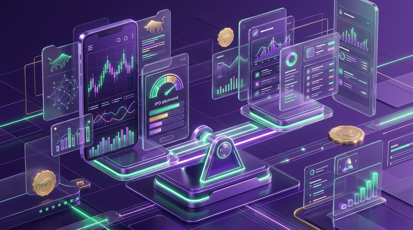 Institutional comparison scale and digital trading charts of Zerodha, Groww, and Upstox
